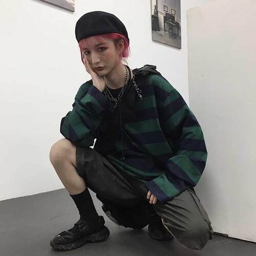 Harajuku Oversized High Set Stripe T-Shirt Long Sleeves Vint