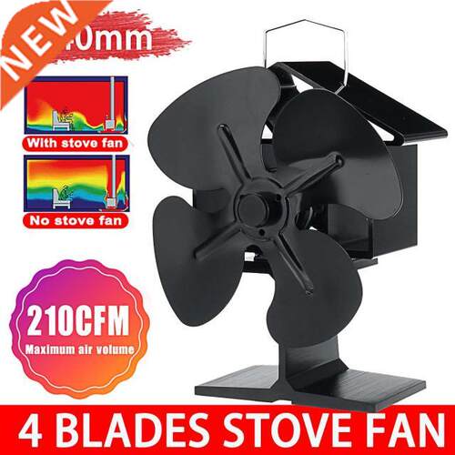 Black Fireplace 4 Blades Heat Powered Stove Fan Log Wood Bur