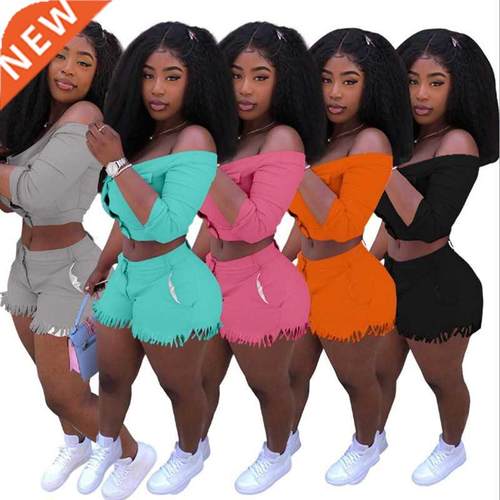 Two Piece Set Women Off Shoulder Buttons Crop Top Shorts 2 P