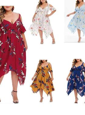 Xl-5xl plus size summer print chiffon dress with halter