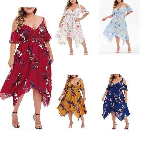 Xl-5xl plus size summer print chiffon dress with halter