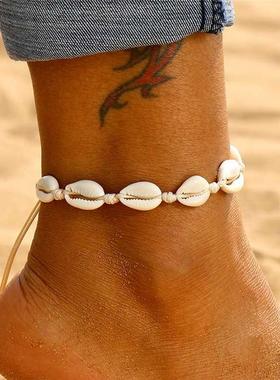 Bohemian Shell Anklets for Women Handmade Leather Woven Natu