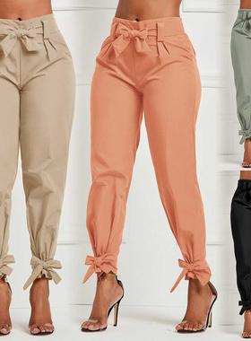 2021 Spring Women Solid Loose Pants Casual High Waist Belt P