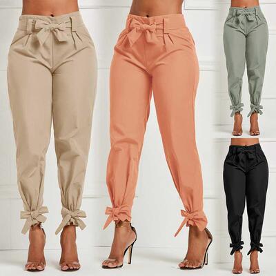 2021 Spring Women Solid Loose Pants Casual High Waist Belt P