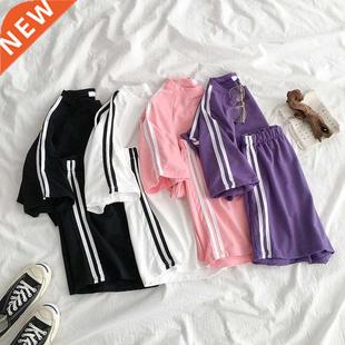 Summer Striped Trcksuit Set For Women Short Sleeve T Shirt