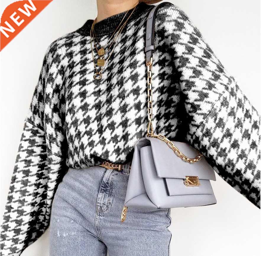 Women Casual Houndstooth Lady Pullover Sweater Female 2022 A