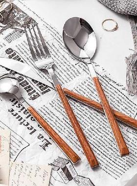 5Pcs Stainless Steel Glossy Wood Silver Dinnerware Sets