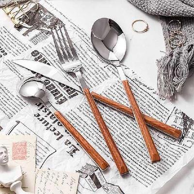 5Pcs Stainless Steel Glossy Wood Silver Dinnerware Sets