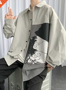 Men's Printing Long Sleeve Cargo Shirts Harajuku Black Shirt