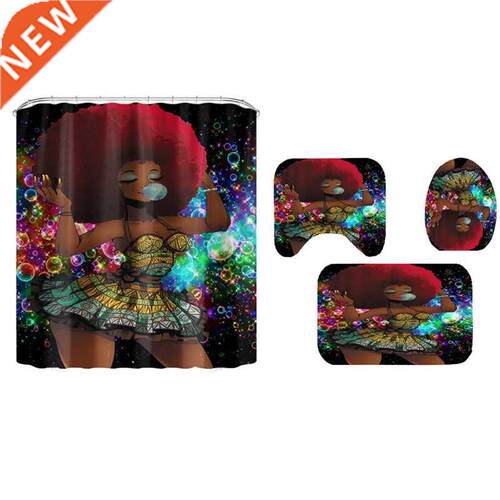 Black African Women Print Shower Curtain Set Waterproof