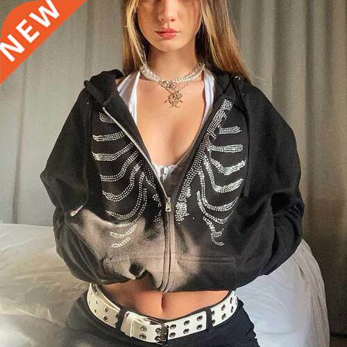 Y2K Rhinestone Skeleton Hoodies Women Autumn Streetwear Zip