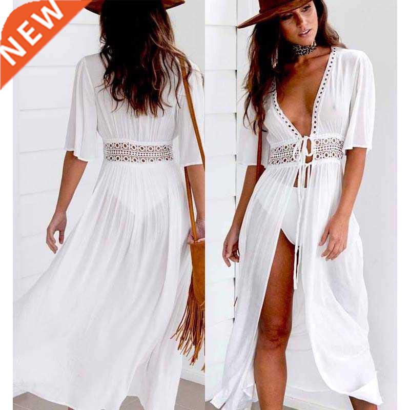 S-3XL Plus Size Women Beach Dress Solid Black White Lace Bea图片