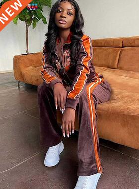 OrangeA Women Tracksuit Letter Print Velvet 2 Piece Outfit S