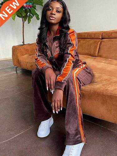 OrangeA Women Tracksuit Letter Print Velvet 2 Piece Outfit S