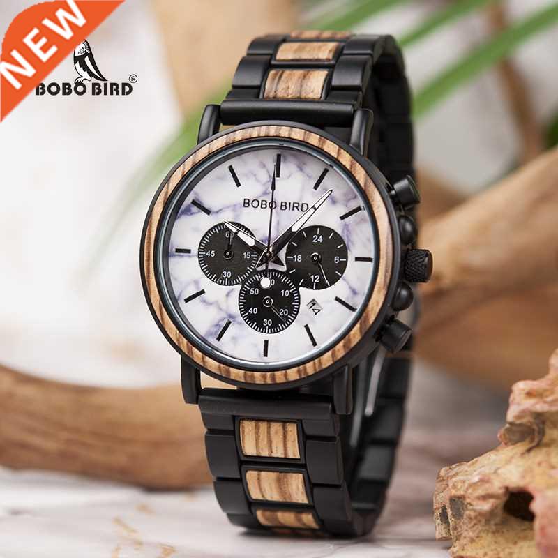 BOBO BIRD Marble Wooden Watch Men Stopwatch Wristwatch Male