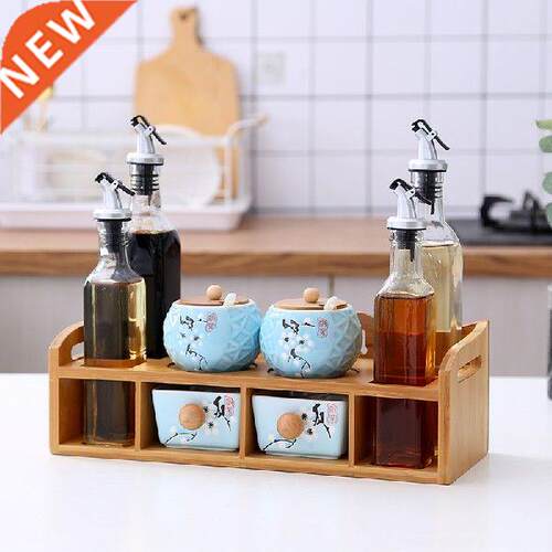 Seasoning box tank ceramic glass drawer salt jar bamboo