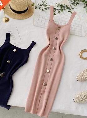 2020 Summer Pink/Red/White/Black Women Knitted Dress Vintage