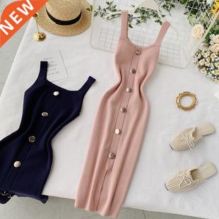 2020 Summer Pink/Red/White/Black Women Knitted Dress Vintage