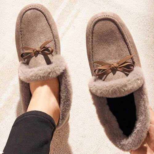 Women Butterfly-Knot Fluffy Plush Flat Shoes 2022 Fashion Wi
