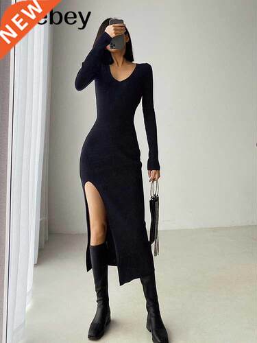 spring and winter sexy French slit sweater dress female slim