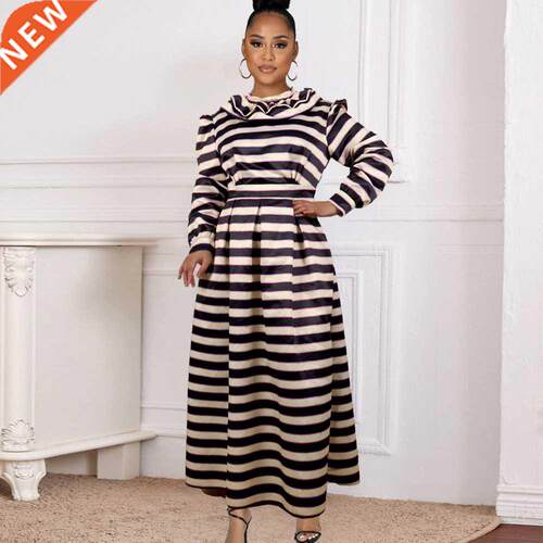 S-3xl Plus-size high-waisted striped party evening dress大码