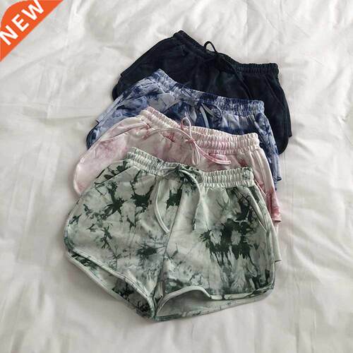 Women Tie Dye Shorts Summer High Waist Elastic Drawstring Wi