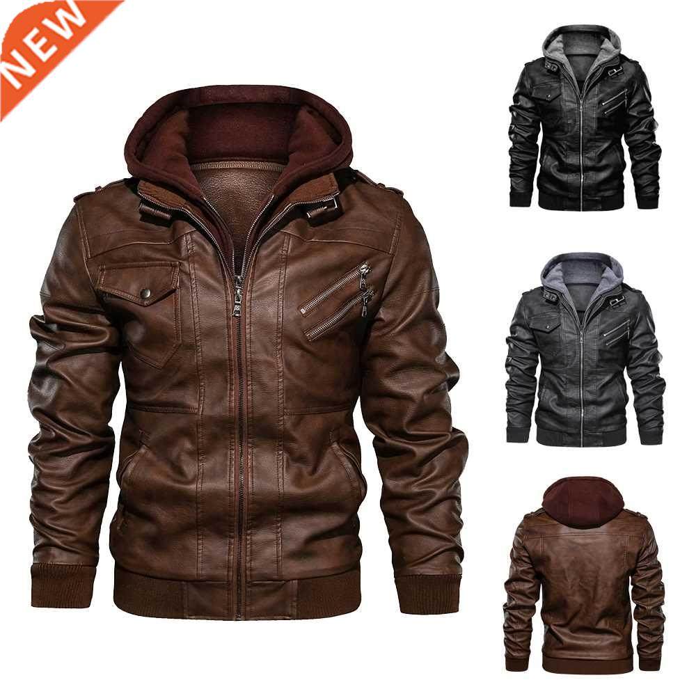 Male Leather Jacket Men Motorcycle Detachable Hooded Faux Le图片