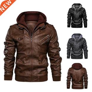 Male Leather Jacket Men Motorcycle Detachable Hooded Faux Le