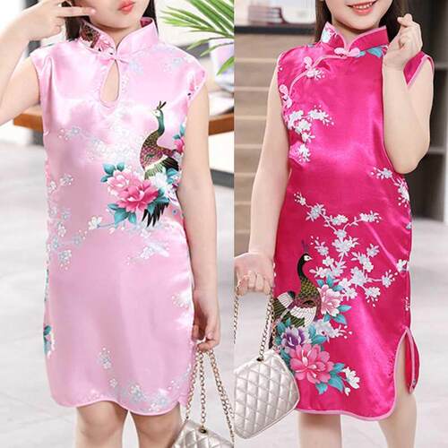 Cheongsam Dress 2Y-8Y Baby Girl Summer Clothes Peacock Sleev