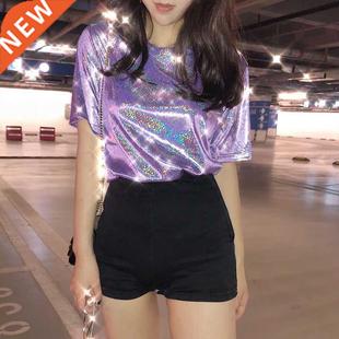 summer woman tops shiny loose short sleeve t-shirt sexy club