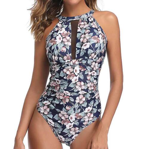 Print One Piece Swimsuit Net Swimwear Women Body Suits Push