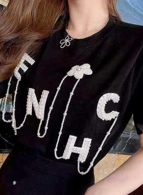 2022 New Fashion T Shirts for Women Cotton Tees Pearl Embroi