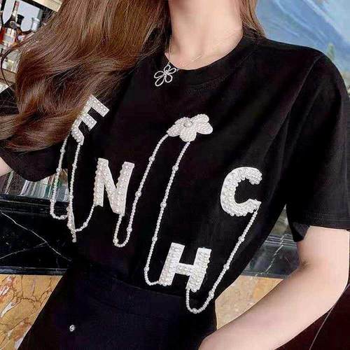 2022 New Fashion T Shirts for Women Cotton Tees Pearl Embroi