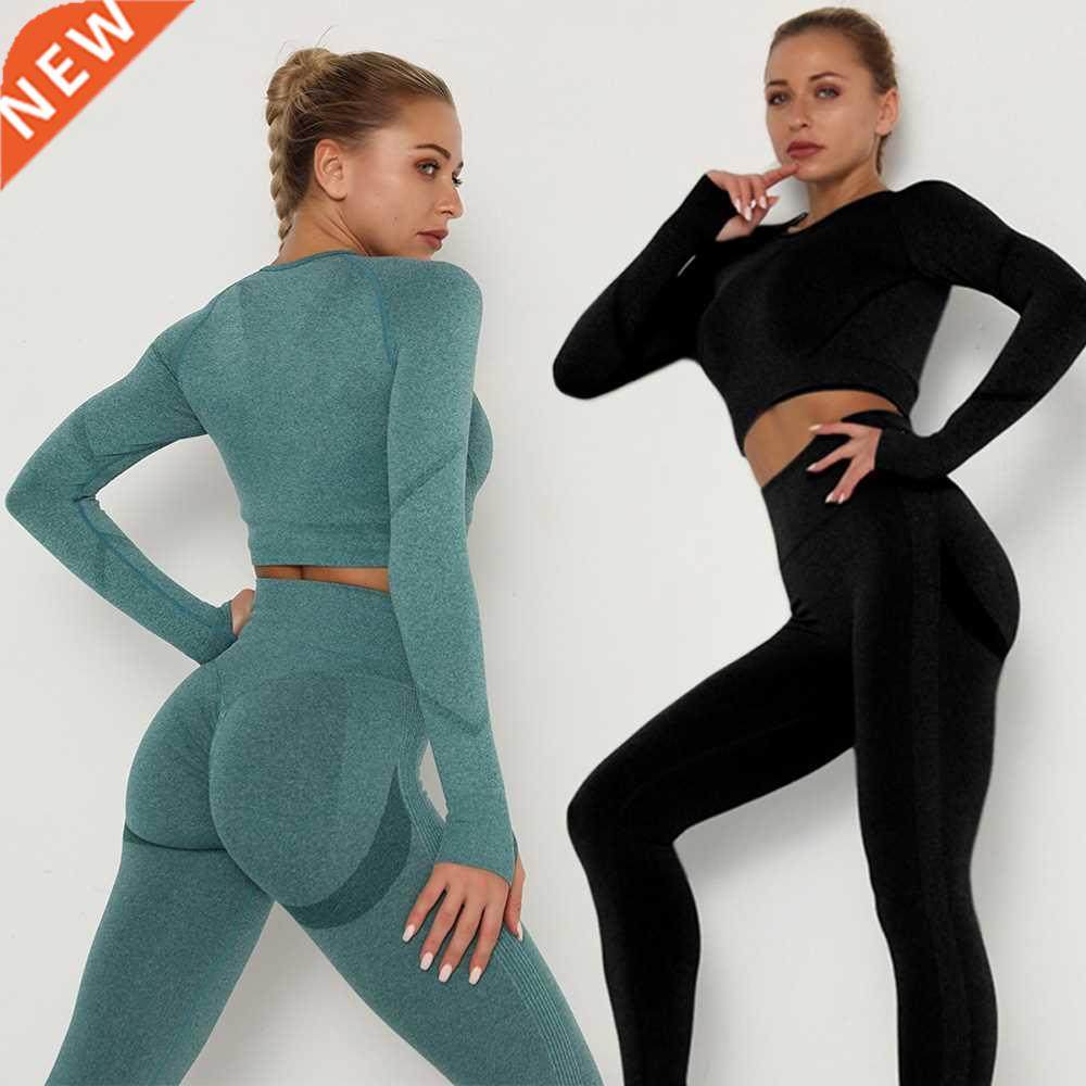 seamless women gym set long sleeve top belly control high wa