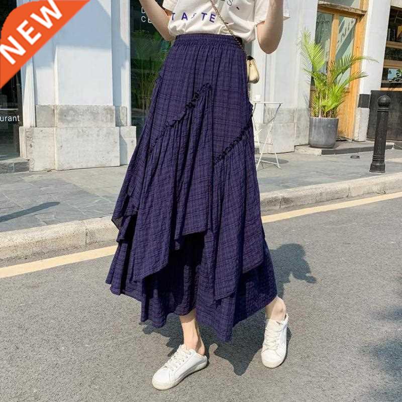 2022Summer Retro Plaid Long Skirt Women New High Waist Slim