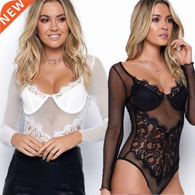 Bodysuit Lace Mesh Long Sleeve Perspective Sexy Lingerie