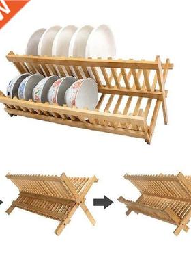 Dish Rack Bamboo Rack Folding 2-Tier Collapsible Drainer