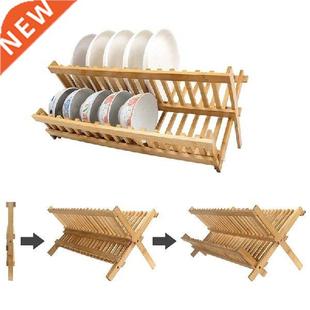 Dish Rack Bamboo Rack Folding 2-Tier Collapsible Drainer