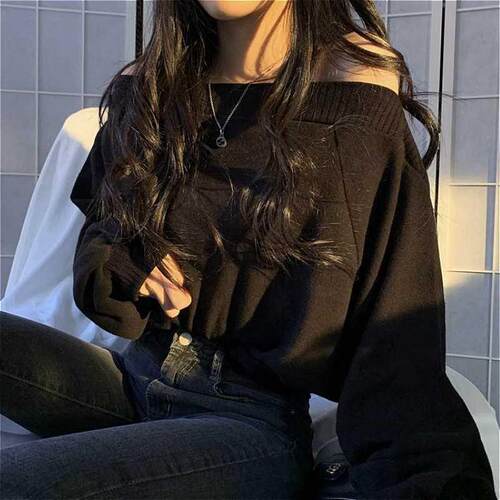 Women Sweaters New Slash Neck Black Fashion Students Knitti