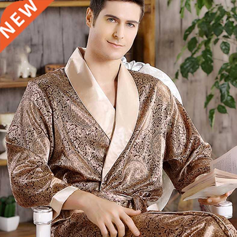 Men's Robe Nightgown Satin Kimono Bathrobe Gown Casual Sleep