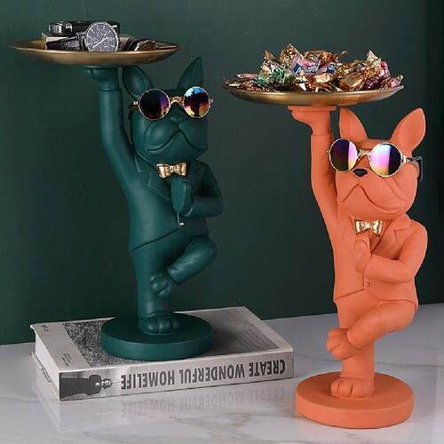 Nordic French Bulldog Figurine with Tray Sculpture Storage