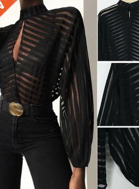 Sexy Black Women Mesh Sheer Blouses Lades Long Sleeve Strp