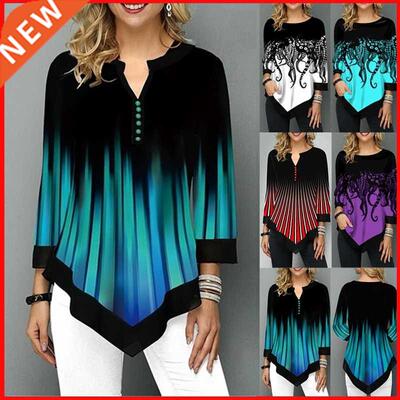 Spring Summer 3/4 Sleeve Print T-Shirts Irregular Women Clot