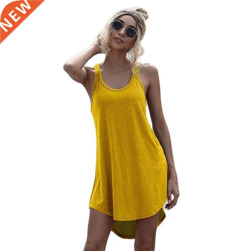 Solid Casual O-neck Sleeveless Tank Dress Women Loose Off Sh