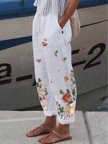 Cotton Linen Elegant Vintage Floral Print Women Pants Elasti