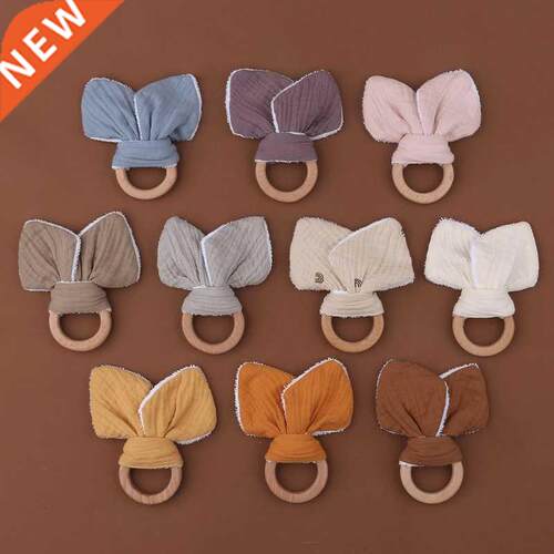 Baby Wooden Ring Teether Soft Cotton Rabbit Ear Comforting T