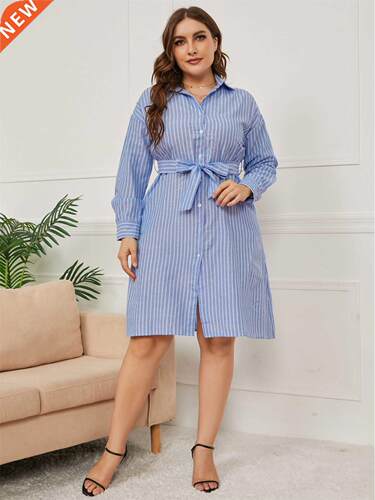 L-4xl plus-size ladies striped shirtdress大码女士条纹衬衫裙
