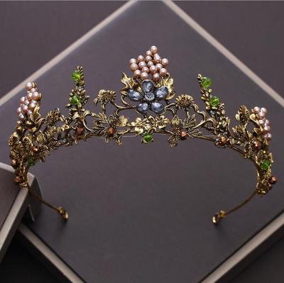 KMVEXO Baroque Vintage Gold Crystal Flowers Beads Tiaras Rhi