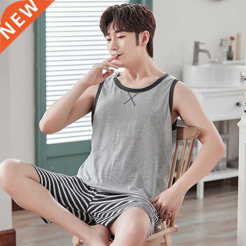 2022 New Summer 100% Cotton Men's Vest Pyjamas Set Striped C
