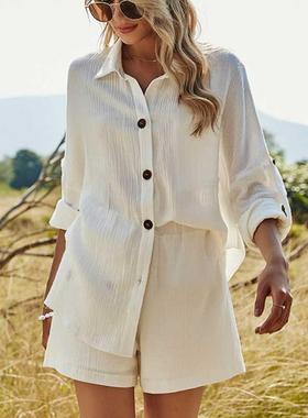 2022 Summer Beach Casual Button White Women's Sets Cotto
